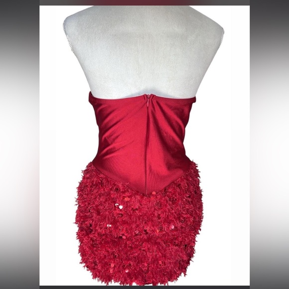 Red sequin Metallic and Faux feather mini dress with corset top - Picture 2 of 5